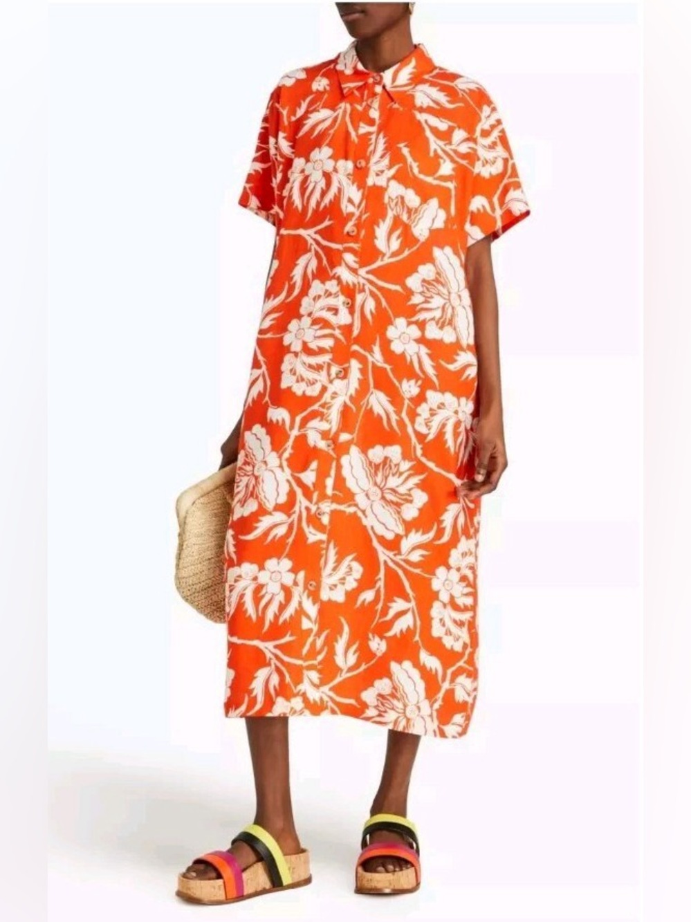 Mara Hoffman Abbi Shirt Midi Dress - Orange and White Floral - 2XL - NWT - linen
